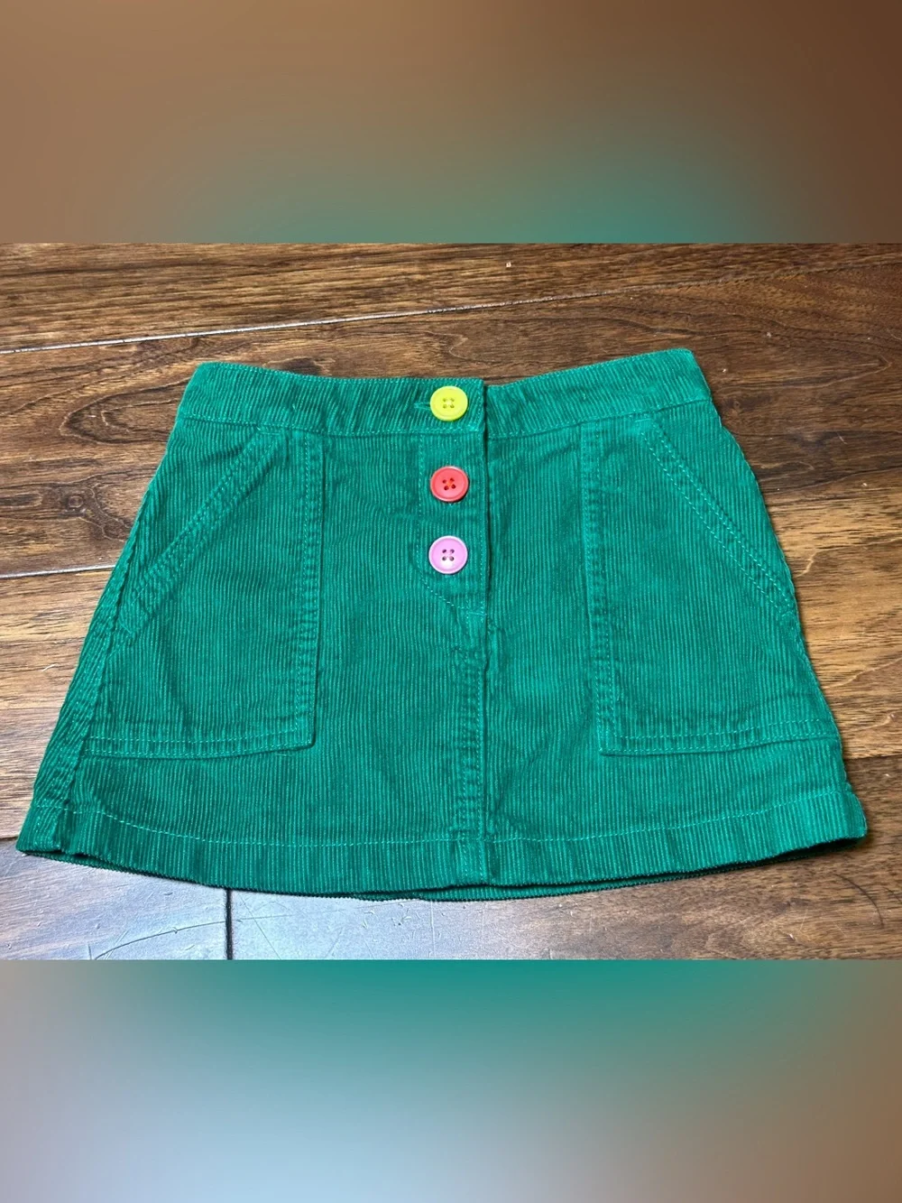 Mini Boden Girls Green Corduroy A-Line Button Front Skirt 3-4Y Pockets